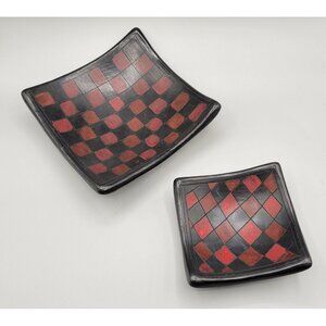 Art Pottery Checkerboard Pattern Bowls Red Black Matte Finish Set of Two